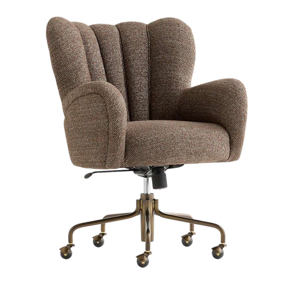 Crate & Barrel Wright Wingback Upholstered Office Chair shown from a front angle with a brown textured fabric seat, wingback design, padded arms, and a bronze rolling base