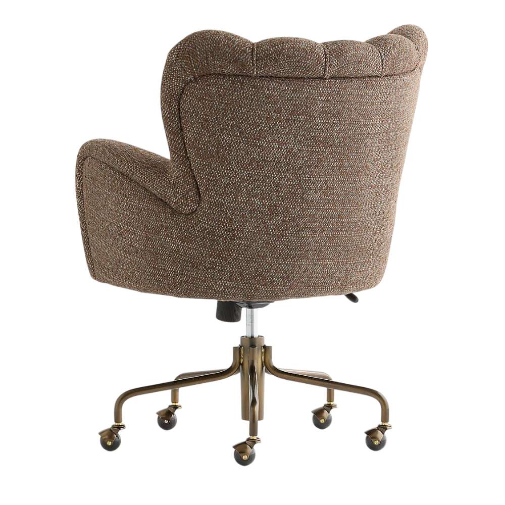 Crate & Barrel Wright Wingback Upholstered Office Chair shown from the back, displaying its fully upholstered rear, curved silhouette, and rolling metal base