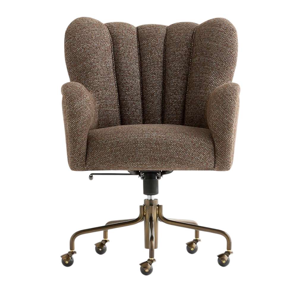 Crate & Barrel Wright Wingback Upholstered Office Chair shown from the front, featuring a tall channel-tufted wingback, cushioned seat, and five-wheel bronze base