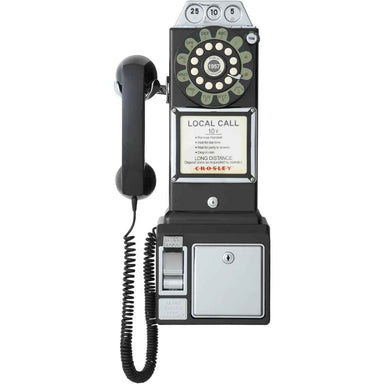 Crosley 1950's Classic Pay Phone - Black, with a vintage rotary dial, chrome accents, and a coin compartment