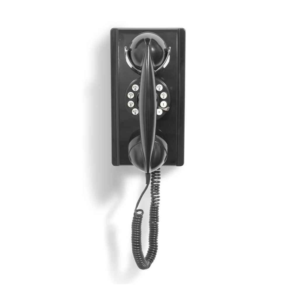 Crosley 302 Wall Phone - Black in a straight front view, showcasing its compact wall-mounted structure and vintage-style handset