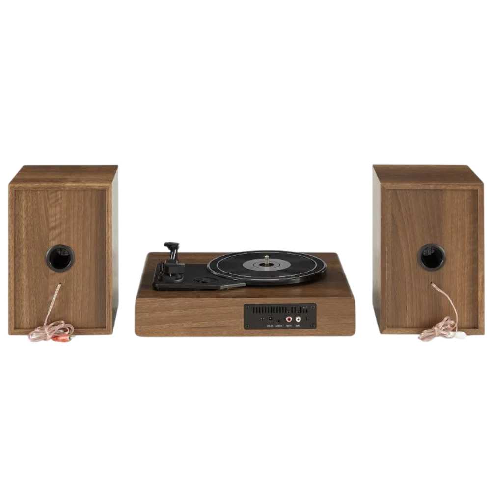 Crosley Alto Shelf System - Walnut displays the back panel with speaker ports and input options