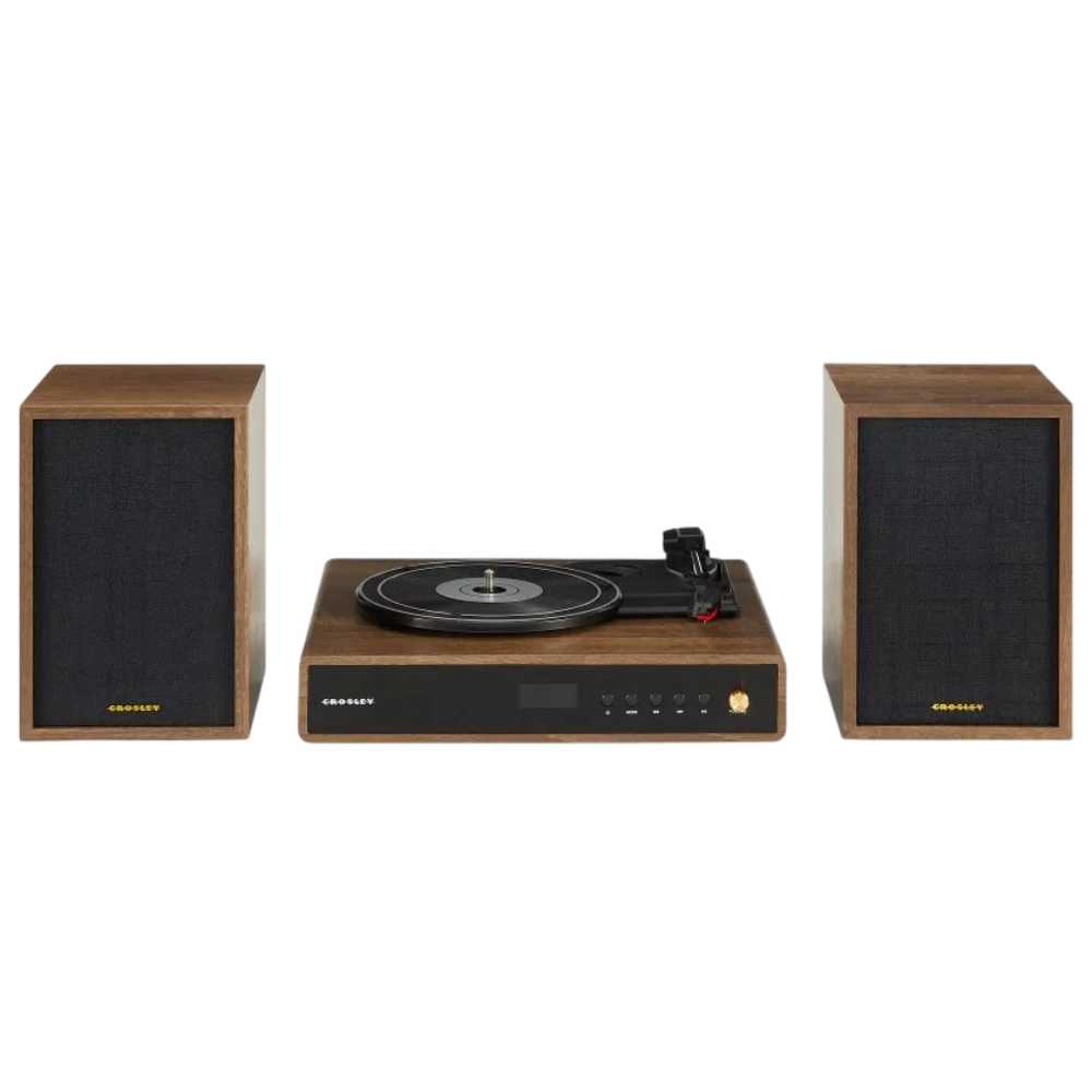 Crosley Alto Shelf System - Walnut has a minimalist design, with two rectangular speakers and a turntable that blends seamlessly with mid-century decor