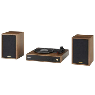 Crosley Alto Shelf System - Walnut includes a turntable, two walnut wood speakers, and a modern black control panel with gold accents