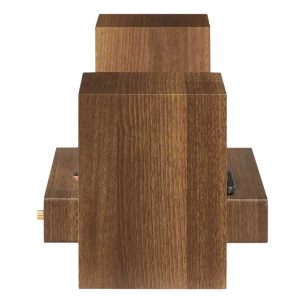 Crosley Alto Shelf System - Walnut showcases the rich wood grain finish from a side angle