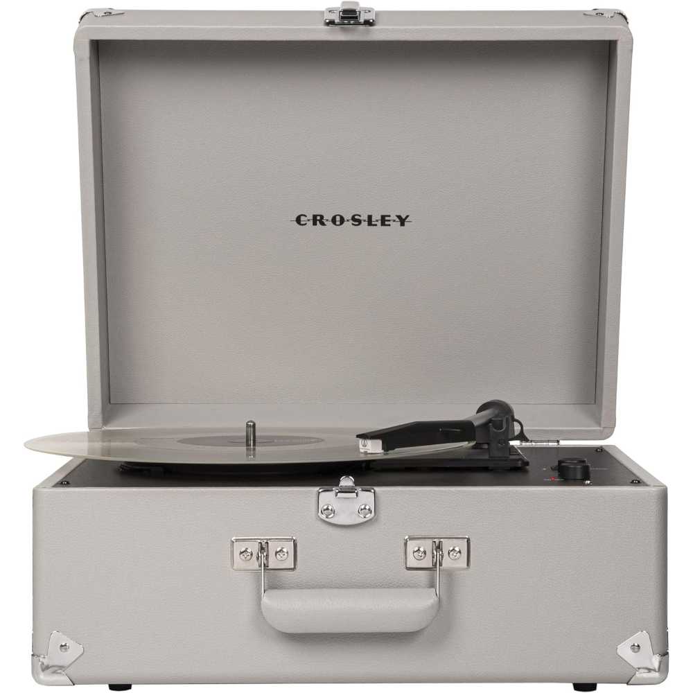 Crosley Anthology Portable Turntable - Gray open with a transparent vinyl record playing and the tonearm resting on the record