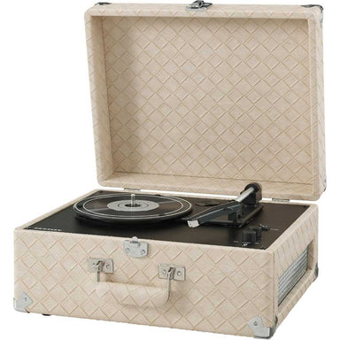 Crosley Anthology Portable Turntable - Light Tan is shown open, featuring its vinyl platter, tonearm, and controls within the textured case