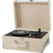 Crosley Anthology Portable Turntable - Light Tan is shown open, featuring its vinyl platter, tonearm, and controls within the textured case