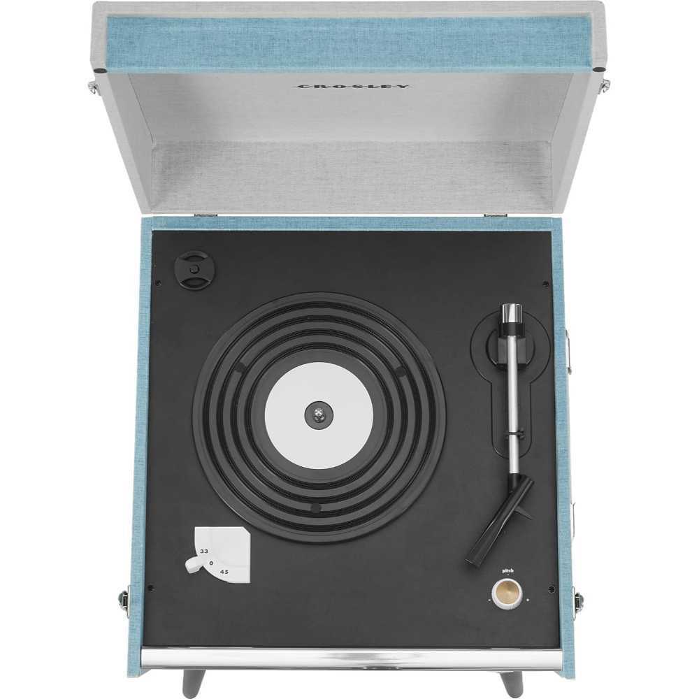 Crosley Bermuda Portable Turntable with Bluetooth InOut - Tourmaline is displayed from the top view, highlighting the turntable platter, tonearm, and speed control settings