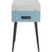 Crosley Bermuda Portable Turntable with Bluetooth InOut - Tourmaline is viewed from the back, showing the power input and RCA line-out ports on the blue and gray fabric-covered body