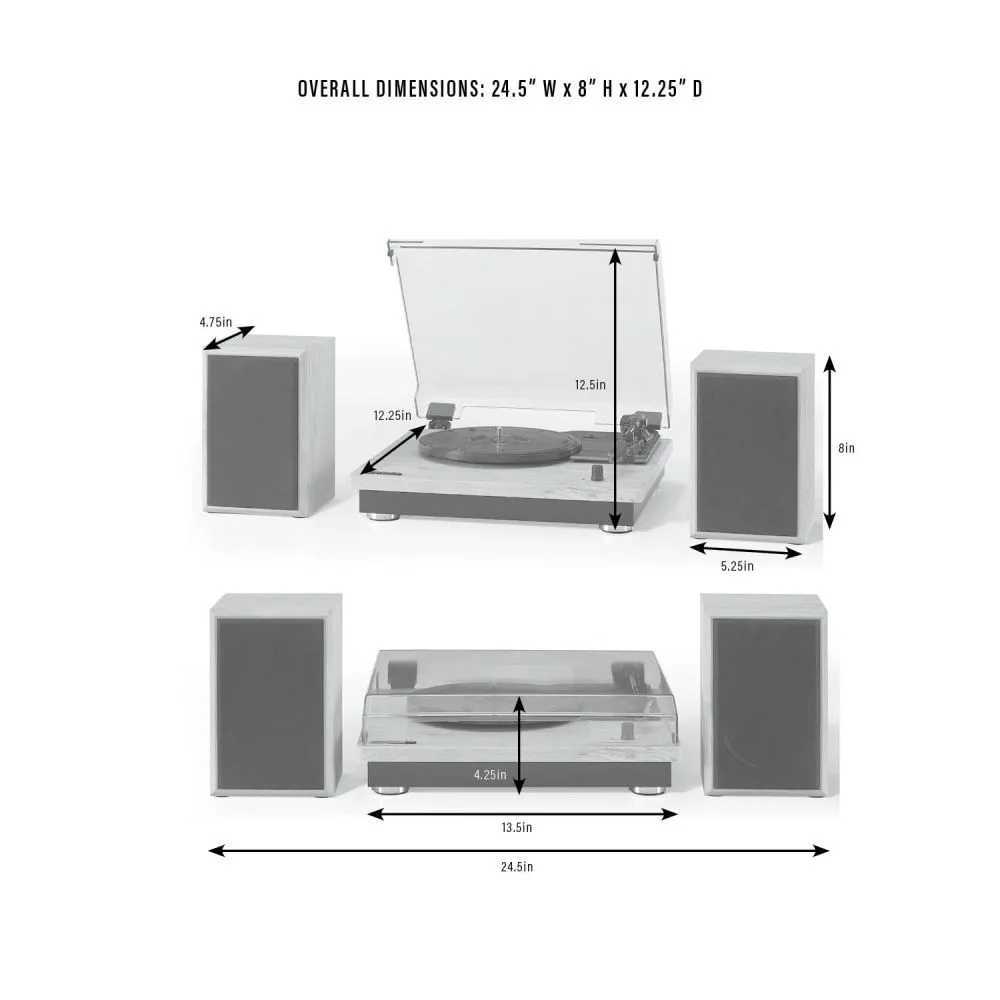 Crosley Brio Turntable System - Natural measures 24.5 inches wide, 8 inches high, and 12.25 inches deep, with detailed dimensions of the turntable and speakers displayed