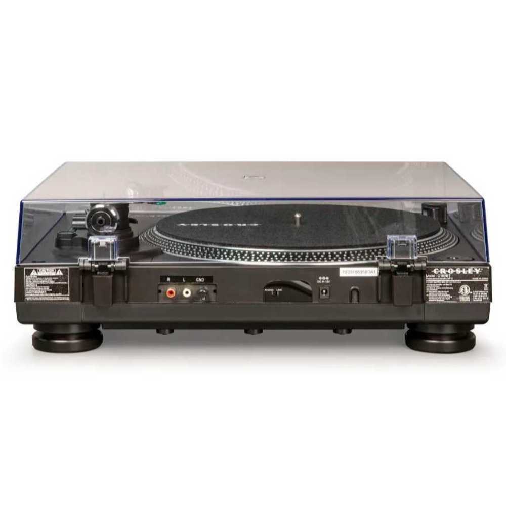 Crosley C100BT Bluetooth Turntable - Black is displayed from the back, featuring its connectivity ports and minimalist control panel