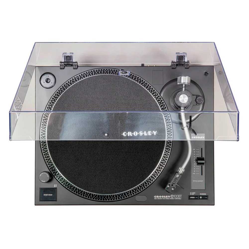 Crosley C100BT Bluetooth Turntable - Black is shown from above, highlighting its sleek platter, tonearm, and functional layout