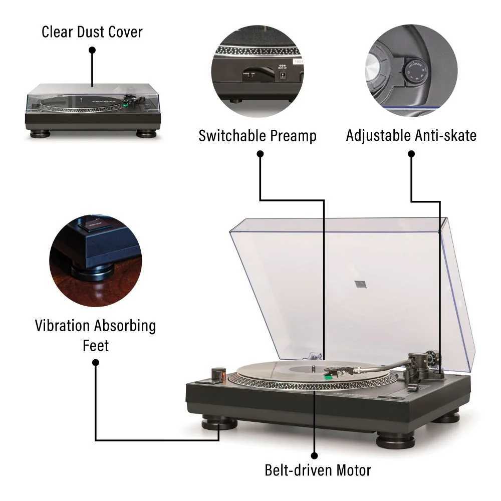 Crosley C100BT Bluetooth Turntable - Black is shown with a clear dust cover, vibration-absorbing feet, and a belt-driven motor