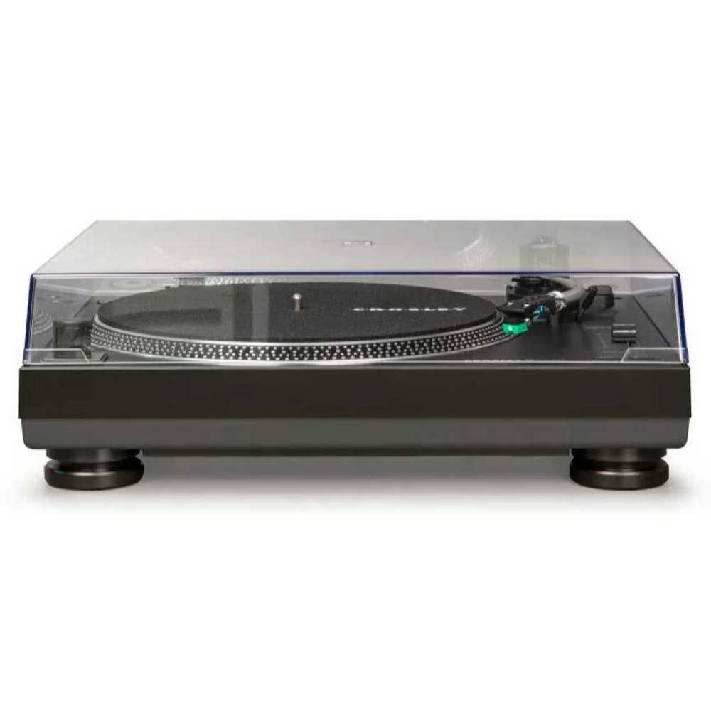 Crosley C100BT Bluetooth Turntable - Black is shown with a side view of its sturdy vibration-absorbing feet and clear cover