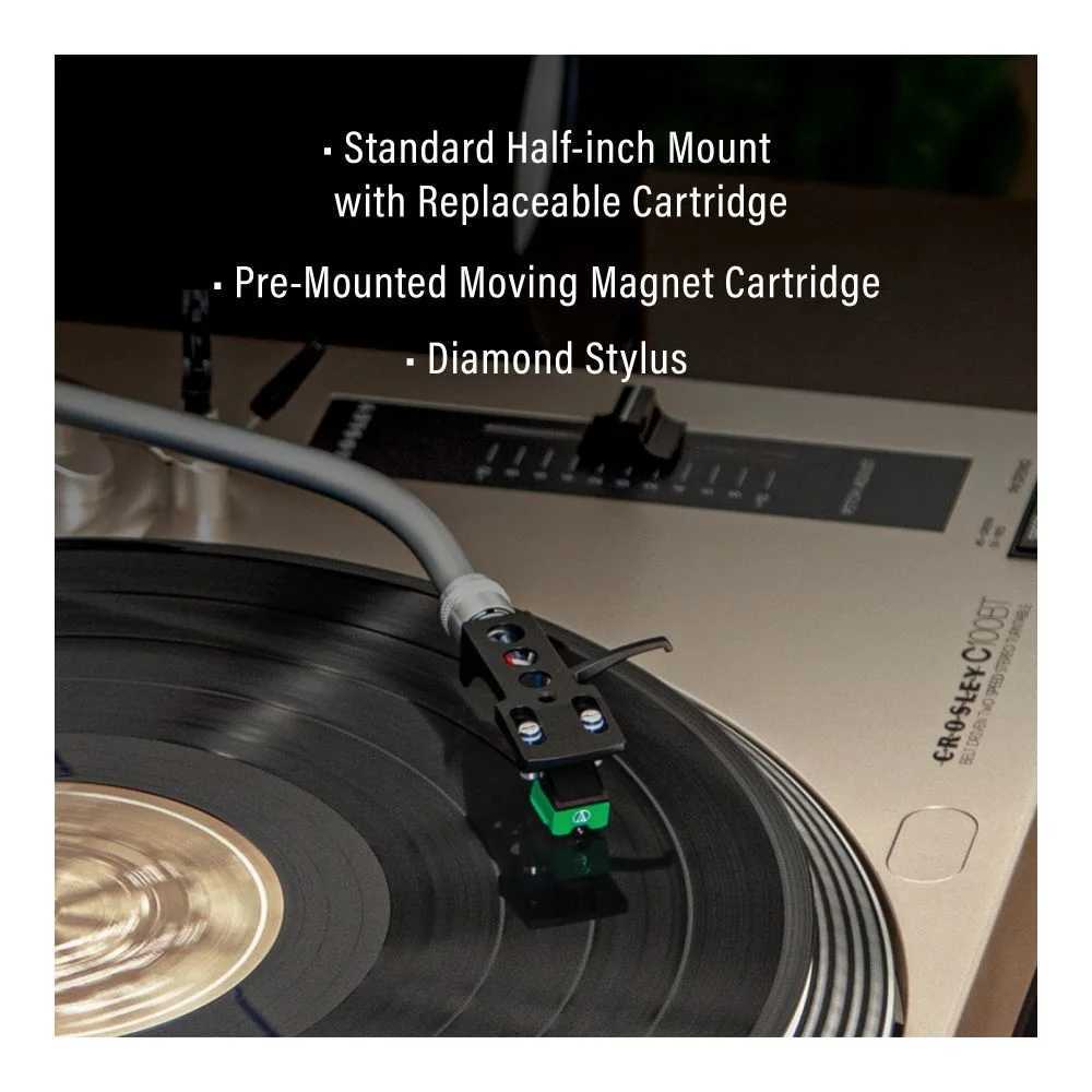 Crosley C100BT Bluetooth Turntable - Champagne comes with a pre-mounted moving magnet cartridge, diamond stylus, and replaceable cartridge