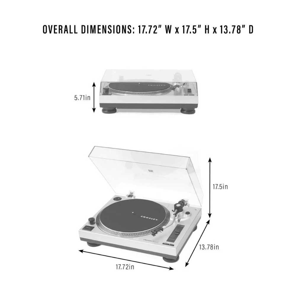 Crosley C100BT Bluetooth Turntable - Champagne dimensions are illustrated