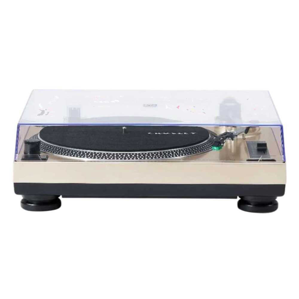 Crosley C100BT Bluetooth Turntable - Champagne is captured with the dust cover closed