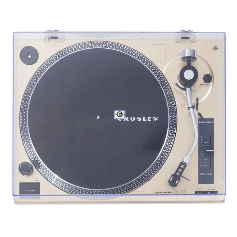 Crosley C100BT Bluetooth Turntable - Champagne is displayed from an overhead view with its dust cover closed