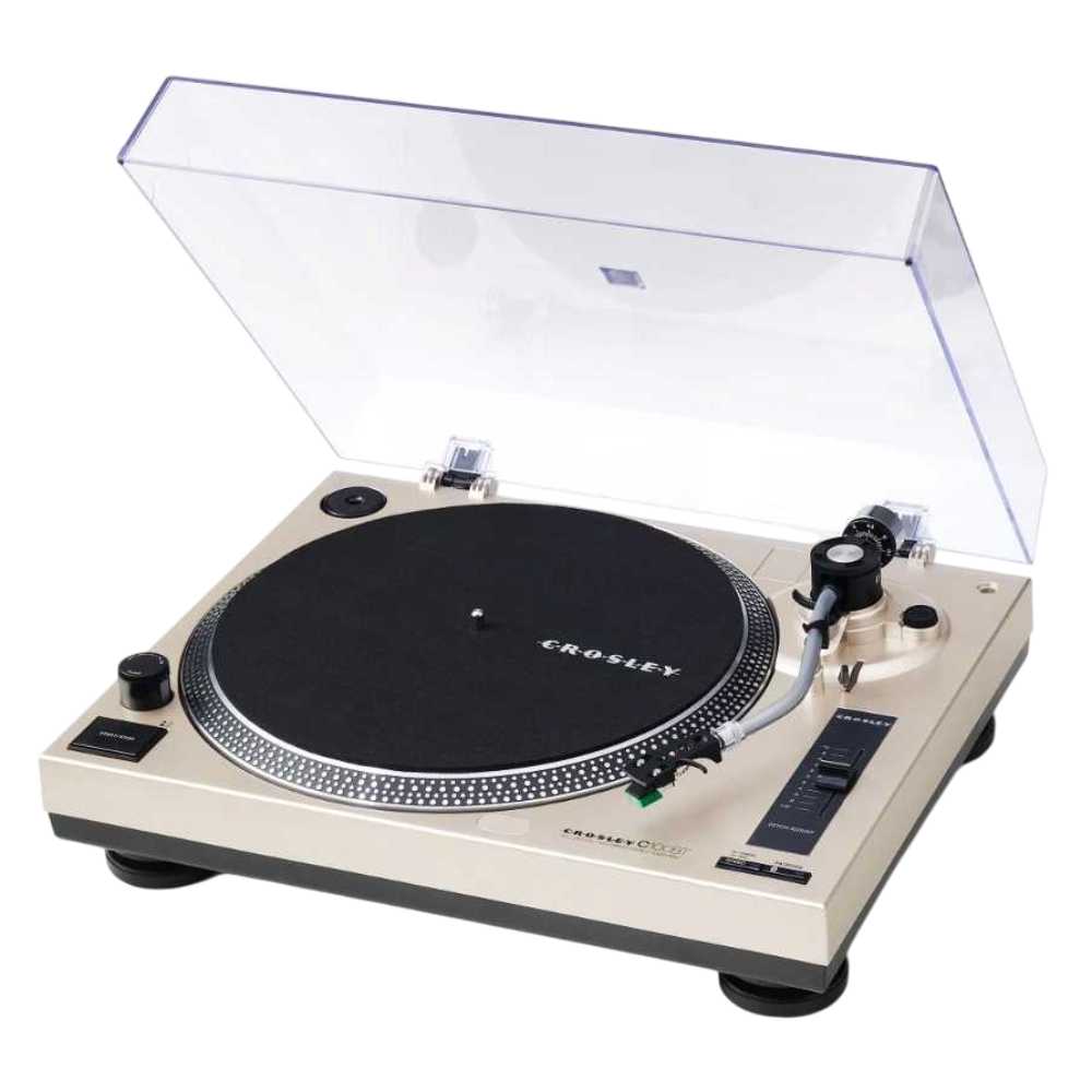 Crosley C100BT Bluetooth Turntable - Champagne is elegantly displayed with its clear dust cover open