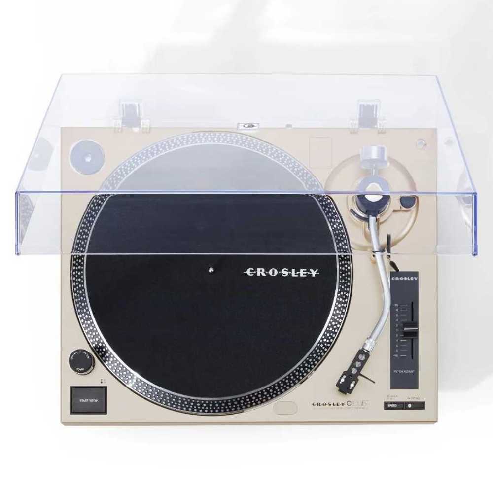 Crosley C100BT Bluetooth Turntable - Champagne is presented in an overhead view with the dust cover open