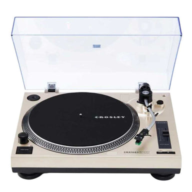 Crosley C100BT Bluetooth Turntable - Champagne is shown from the top with its clear dust cover open