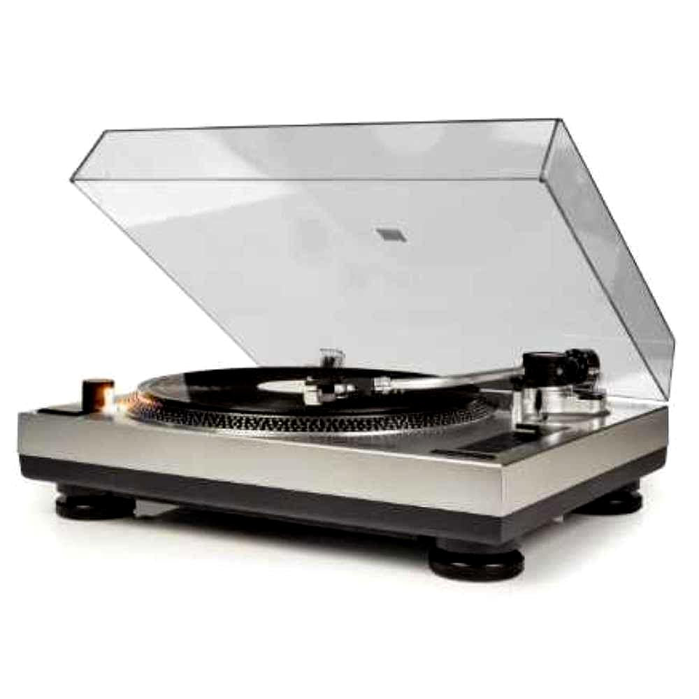 Crosley C100 Turntable - Silver is displayed with its dust cover open