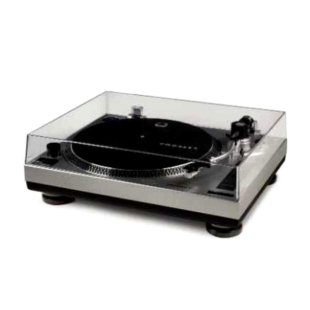 Crosley C100 Turntable - Silver is shown with its clear dust cover closed