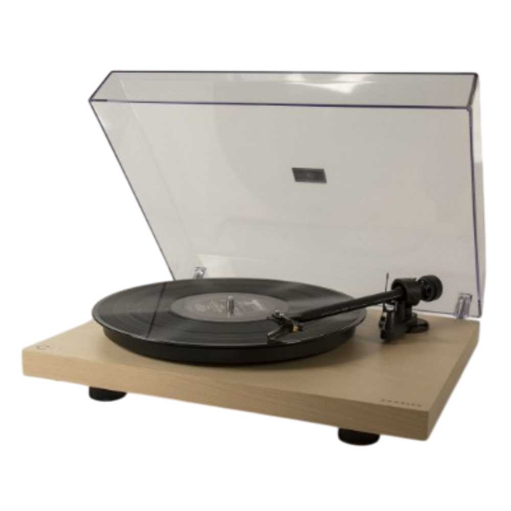 Crosley C10 Turntable - Natural features a partially open dust cover with a spinning vinyl record on its natural wood base and a sleek black tonearm