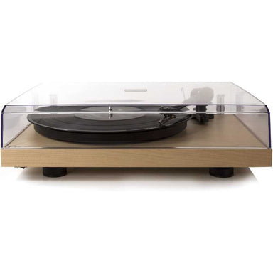 Crosley C10 Turntable - Natural has a closed clear dust cover, showcasing its minimalist wood base and black slipmat