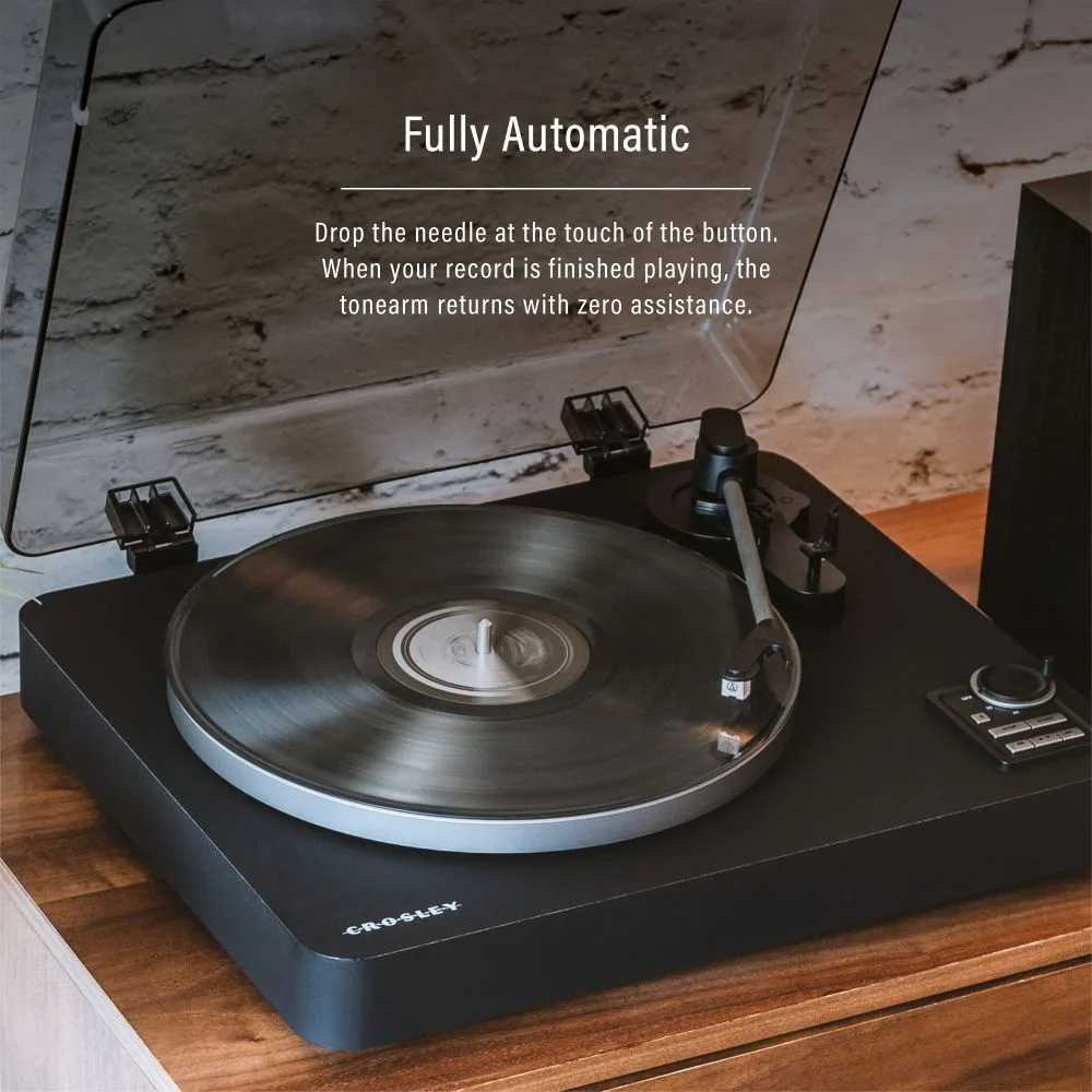 Crosley C300 Fully Automatic Turntable - Black highlights its fully automatic tonearm feature