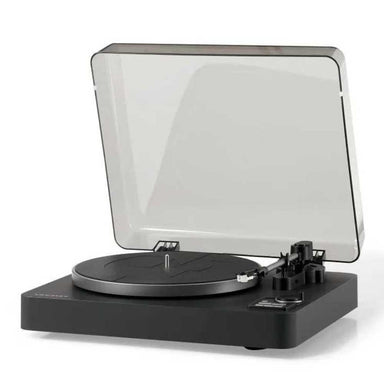 Crosley C300 Fully Automatic Turntable - Black is displayed at an angle with its dust cover open