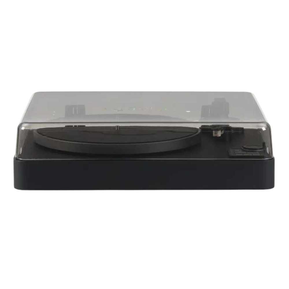 Crosley C300 Fully Automatic Turntable - Black is displayed from the side with the dust cover closed