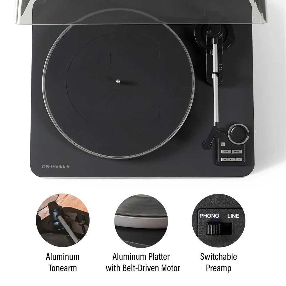 Crosley C300 Fully Automatic Turntable - Black is displayed with key components labeled, including the aluminum tonearm, belt-driven motor, and switchable preamp