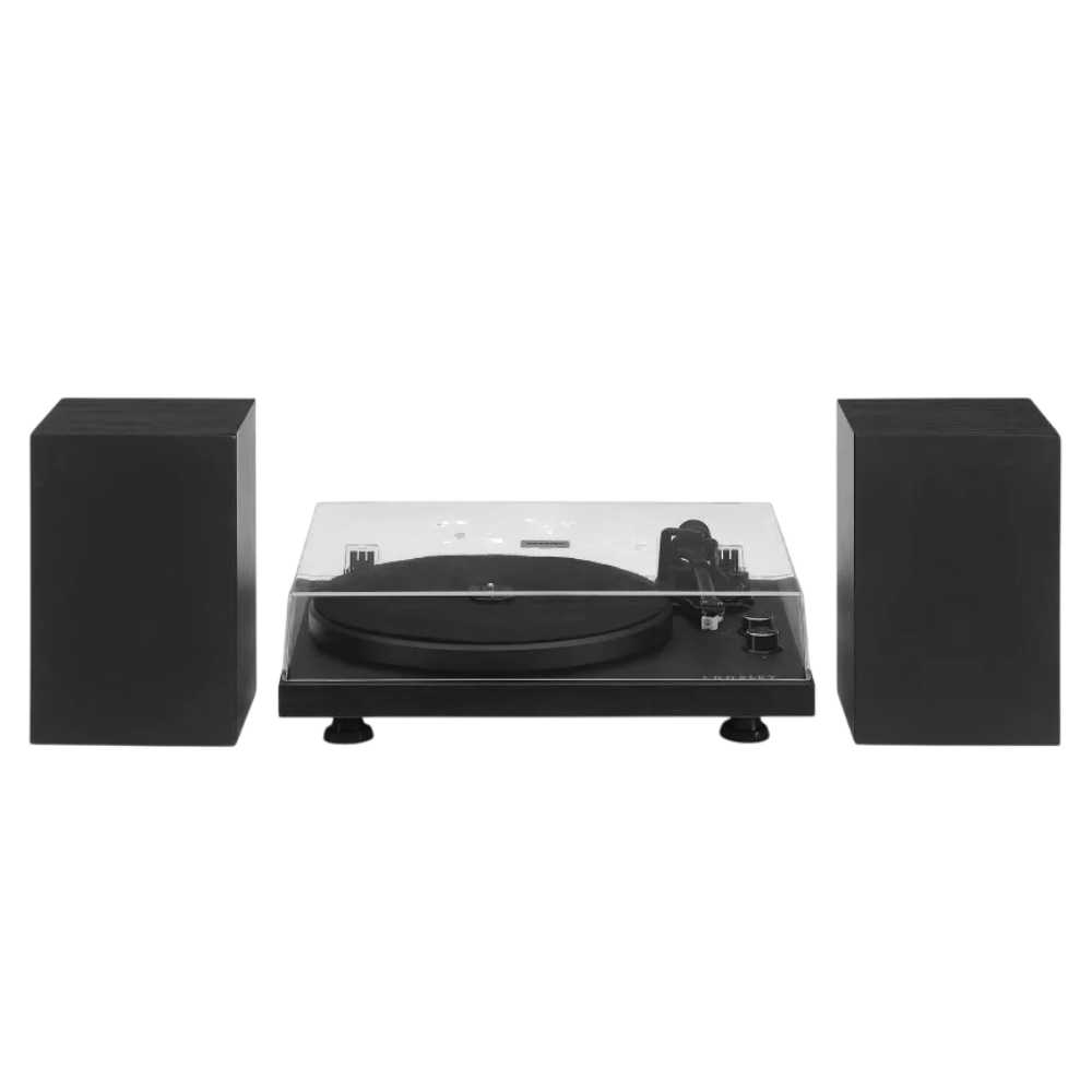 Crosley C62C Turntable System - Black with a front view, showcasing its sleek design and dust cover closed