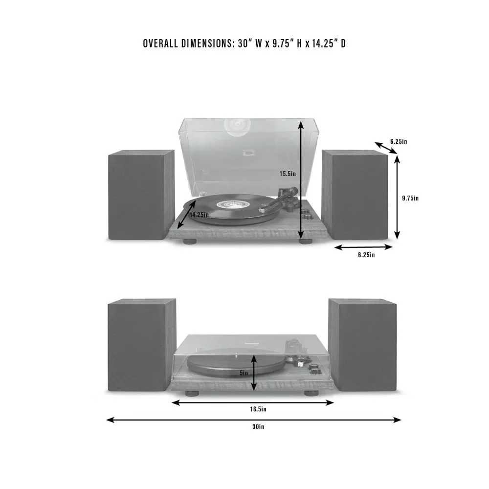 Crosley C62C Turntable System - Black with detailed dimensions of the turntable and its speakers