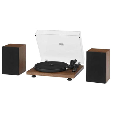 Crosley C62C Turntable System - Walnut displays a minimalist setup with its two speakers and belt-driven motor turntable