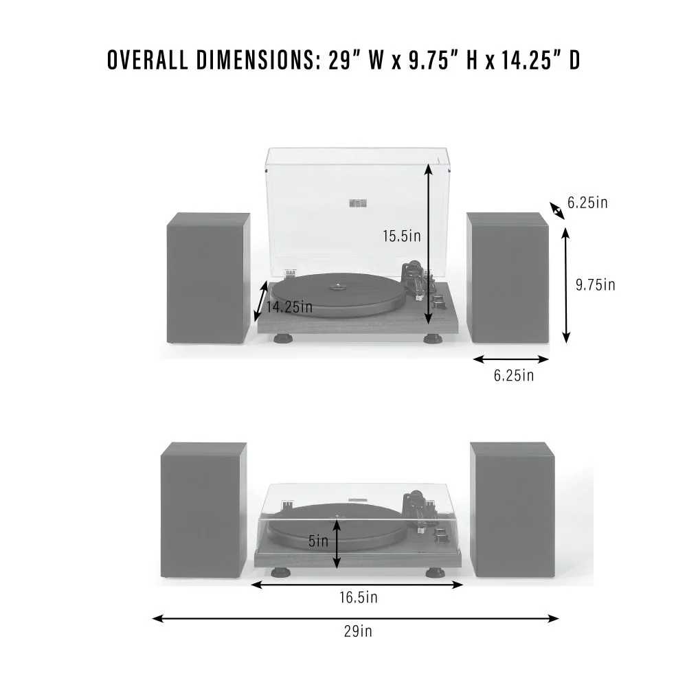 Crosley C62C Turntable System - Walnut features a dimension diagram showing measurements of 29 inches wide, 9.75 inches high, and 14.25 inches deep