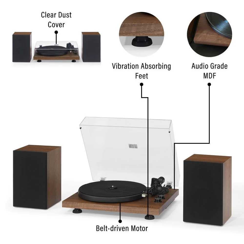 Crosley C62C Turntable System - Walnut highlights a clear dust cover, vibration-absorbing feet, and audio-grade MDF