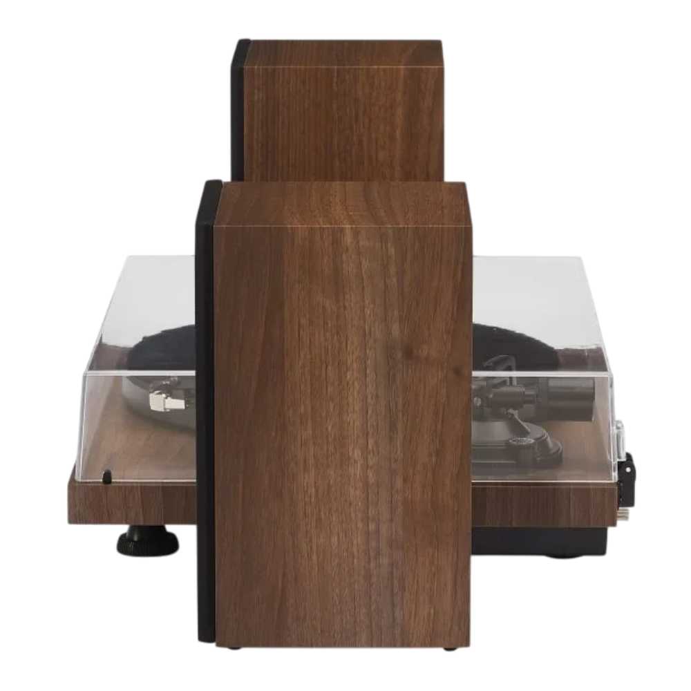 Crosley C62C Turntable System - Walnut is displayed from a side angle, showcasing the walnut wood finish of both the turntable and speakers