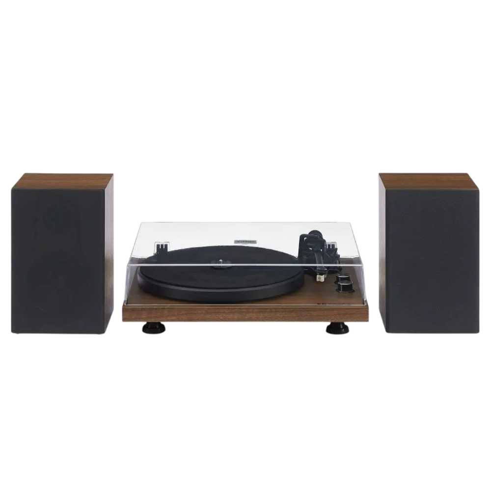 Crosley C62C Turntable System - Walnut is shown from the front with its two black speakers and a clear dust cover over the turntable