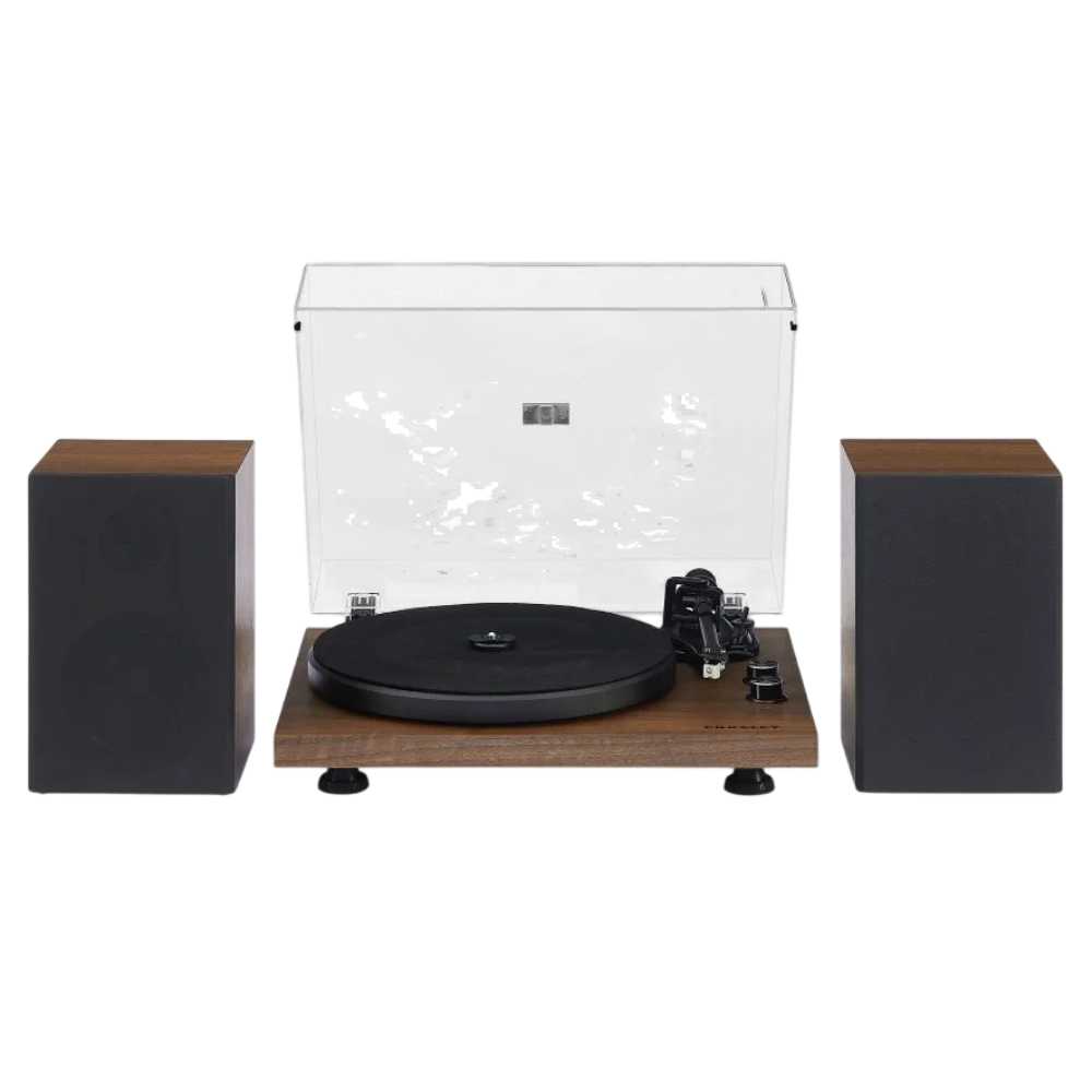 Crosley C62C Turntable System - Walnut is shown with a compact and modern design, including its dust cover and matching black speakers