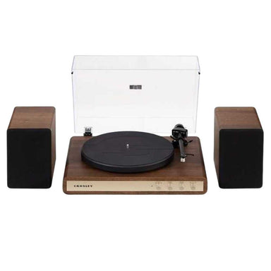 Crosley C65 Shelf System - WalnutGold displays a front-facing setup with sleek gold control knobs and matching wooden speakers