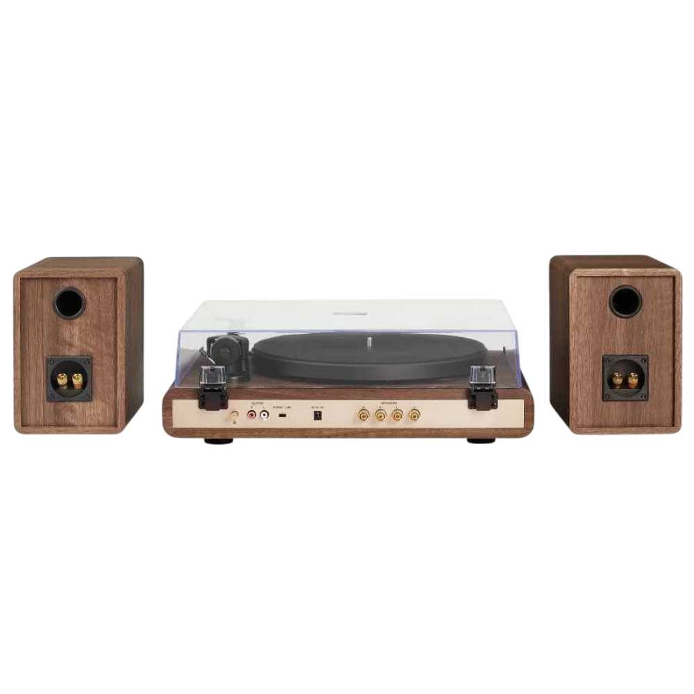 Crosley C65 Shelf System - WalnutGold features a rear view, revealing the connectivity ports and clean wooden finish of the speakers and turntable