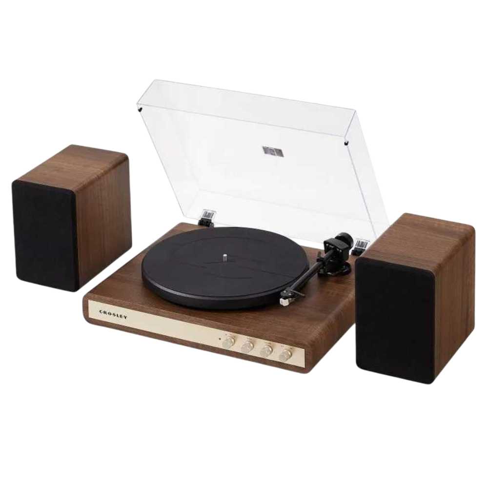 Crosley C65 Shelf System - WalnutGold includes a turntable with a clear lid and two matching walnut speakers