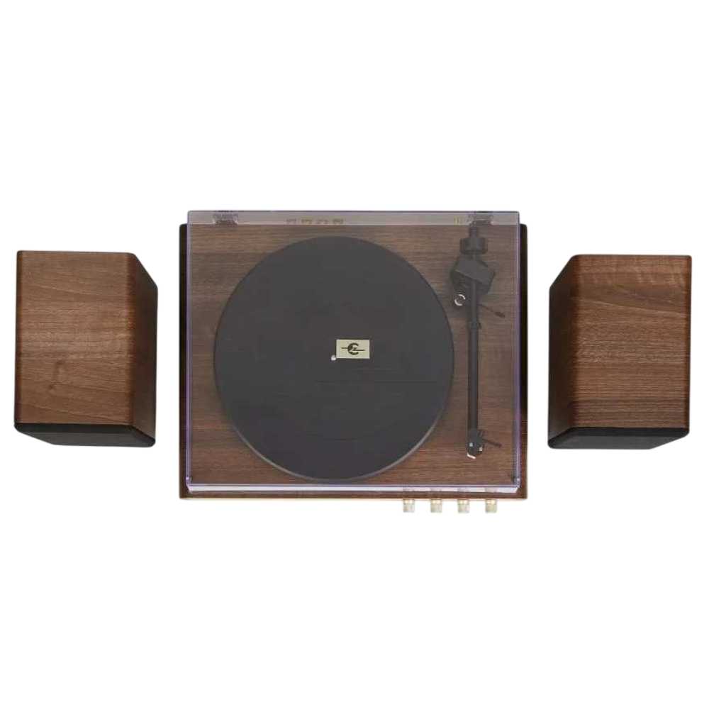 Crosley C65 Shelf System - WalnutGold is displayed from a top-down view, showing the turntable centered between two compact walnut speakers