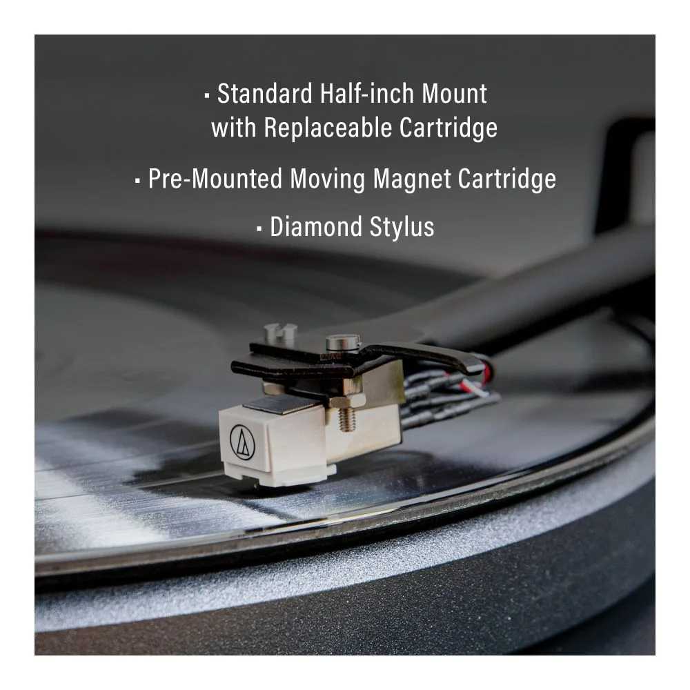 Crosley C6 Bluetooth Turntable - White has a close-up view of its standard half-inch mount cartridge, pre-mounted moving magnet cartridge, and diamond stylus