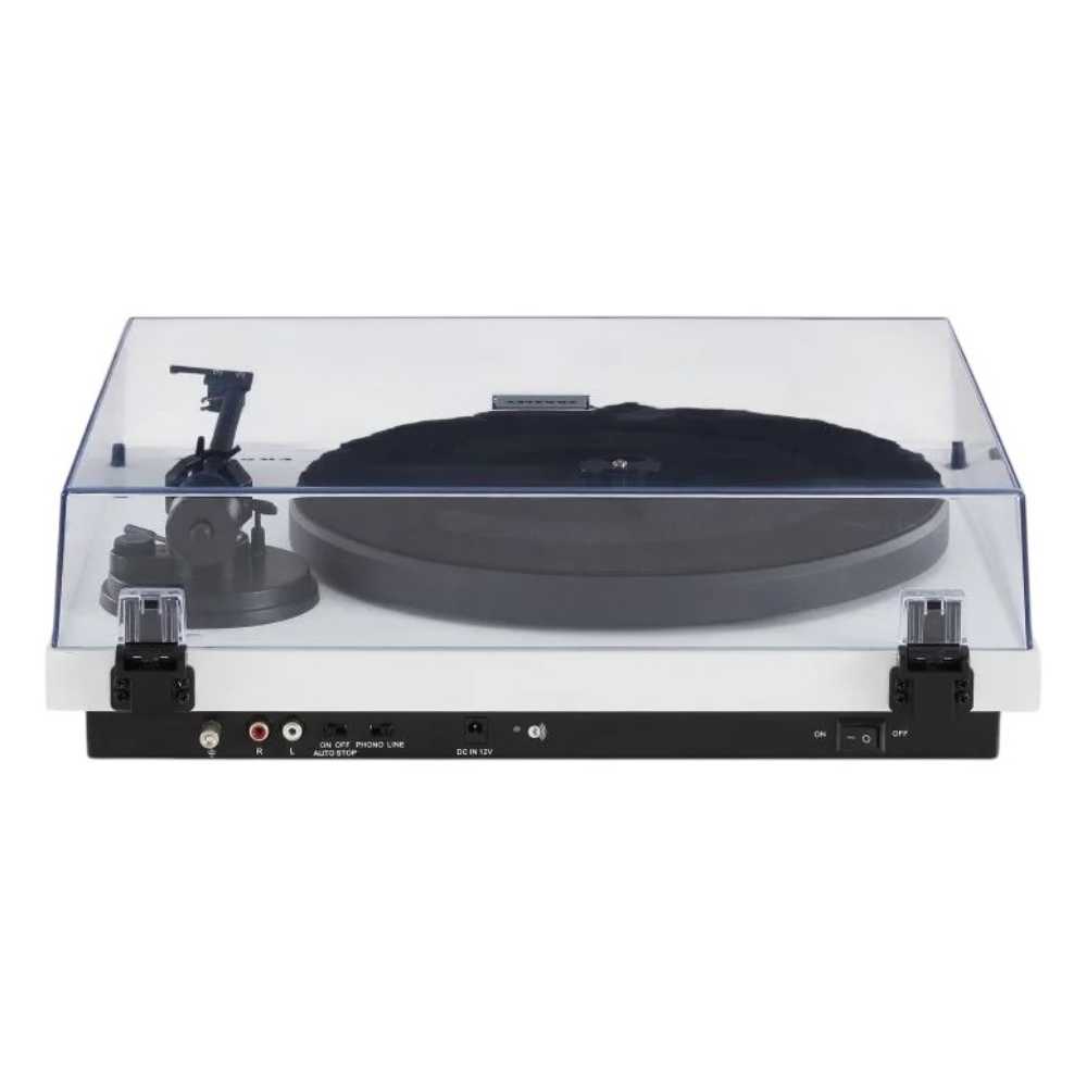 Crosley C6 Bluetooth Turntable - White is captured from the back, showing connectivity ports including RCA outputs, a power input, and a phonoline switch