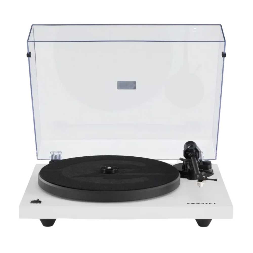 Crosley C6 Bluetooth Turntable - White is displayed with its clear dust cover open, showing its minimalist design and tonearm