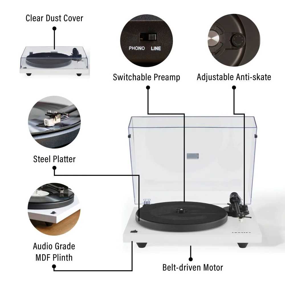 Crosley C6 Bluetooth Turntable - White is featured with callouts highlighting its clear dust cover, steel platter, adjustable anti-skate, and belt-driven motor design